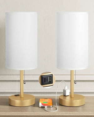 17.4" Gold Bedside Table Lamps Set of 2 - Bedroom Lamp, USB C+A, AC Outlet 3CCT(3000/4000/5000K), LED Bulbs Included, White Fabric Lampshade, 17.4in Large Lamp for Nightstand, Living Room, Dorm, Desk 17.4" Gold Bedside Table Lamps Set of 2 - Bedroom Lamp, USB C+A, AC Outlet 3CCT(3000/4000/5000K), LED Bulbs Included, White Fabric Lampshade, 17.4in Large Lamp for Nightstand, Living Room, Dorm, Desk