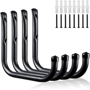 Wall Hooks for Garage Garden, 4 Pack Water Hose Holder, Large Garage Storage Hanger for Ladder Bike Extension Cord Tool, Wall Mount l Hooks, Black Heavy Duty 8 inch Long Hook Wall Hooks for Garage Garden, 4 Pack Water Hose Holder, Large Garage Storage Hanger for Ladder Bike Extension Cord Tool, Wall Mount l Hooks, Black Heavy Duty 8 inch Long Hook