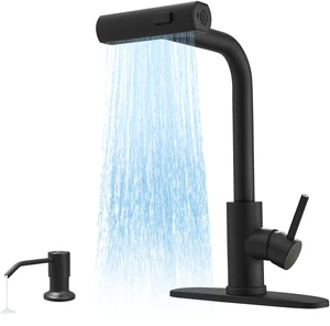 Black Waterfall Kitchen Faucet with Pull Down Sprayer & Soap Dispenser Stainless Steel Single Handle Faucet with 3 Spray Modes for Farmhouse, RV, Laundry, Bar and Utility Sinks Black Waterfall Kitchen Faucet with Pull Down Sprayer & Soap Dispenser Stainless Steel Single Handle Faucet with 3 Spray Modes for Farmhouse, RV, Laundry, Bar and Utility Sinks