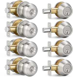 4 Sets Entry Door Knob and Single Cylinder Deadbolt Combo Set, Keyed Alike Round Ball Satin Nickel Interior/Exterior Door Knobs with Lock and Keys for Entrance, Front Door and Indoor Door 4 Sets Entry Door Knob and Single Cylinder Deadbolt Combo Set, Keyed Alike Round Ball Satin Nickel Interior/Exterior Door Knobs with Lock and Keys for Entrance, Front Door and Indoor Door