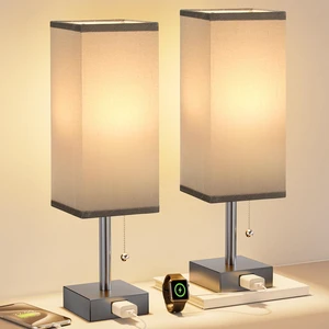 Bedside Lamp for Bedroom Set of 2 - Grey Table Lamp for Nightstand AC Outlet, 3 Color Temperatures, LED Bulb Included, Pull Chain Design, 14" Rectangular Desk Lamp for Dorm/Office, 2-Pack Bedside Lamp for Bedroom Set of 2 - Grey Table Lamp for Nightstand AC Outlet, 3 Color Temperatures, LED Bulb Included, Pull Chain Design, 14" Rectangular Desk Lamp for Dorm/Office, 2-Pack