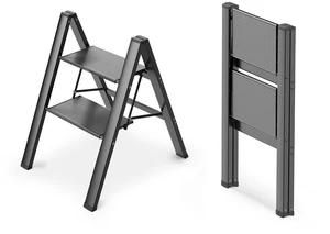 2 Step Ladder, Foldable Step Stool, 300lbs Load, Black Folded 27''H x 2''T; Net 6.6 lbs; Rigid Aluminum Steps; No Assembly; For Home, Kitchen, Office, Pantry, Closets, Cabinets 2 Step Ladder, Foldable Step Stool, 300lbs Load, Black Folded 27''H x 2''T; Net 6.6 lbs; Rigid Aluminum Steps; No Assembly; For Home, Kitchen, Office, Pantry, Closets, Cabinets