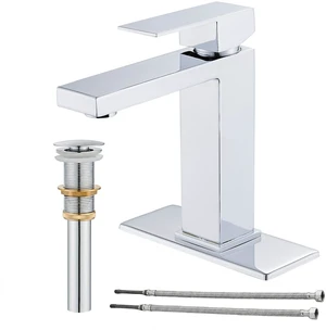 Chrome Bathroom Faucet, Single Hole Vanity Bath Faucet Single Handle Modern Stainless Steel Bathroom Faucets for Sink 1 Hole with Pop Up Drain Stopper & Water Supply Hoses Chrome Bathroom Faucet, Single Hole Vanity Bath Faucet Single Handle Modern Stainless Steel Bathroom Faucets for Sink 1 Hole with Pop Up Drain Stopper & Water Supply Hoses