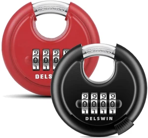 4-Digit Disc Combination Lock, Black and Red Outdoor, Heavy Duty, Hardened Steel Shackle, Weatherproof, 3/8" Shackle 4-Digit Disc Combination Lock, Black and Red Outdoor, Heavy Duty, Hardened Steel Shackle, Weatherproof, 3/8" Shackle
