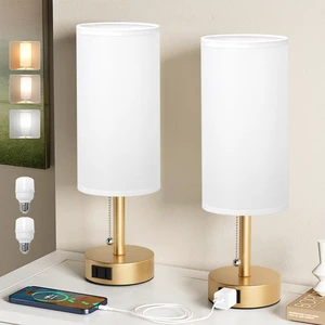 Gold Bedside Table Lamps Set of 2 - Bedroom Lamp for Desk, AC Outlet 3CCT(3000K/4000K/5000K), LED Bulbs Included, White Fabric Lampshade, 14in Small Lamp for Nightstand, Guest Room, Living Room Gold Bedside Table Lamps Set of 2 - Bedroom Lamp for Desk, AC Outlet 3CCT(3000K/4000K/5000K), LED Bulbs Included, White Fabric Lampshade, 14in Small Lamp for Nightstand, Guest Room, Living Room