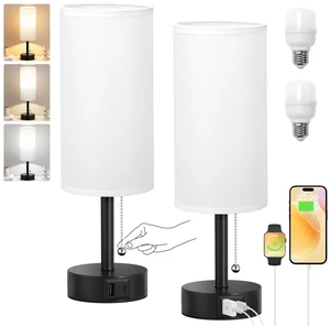 White Bedside Table Lamps Set of 2 - Bedroom Lamp for Desk, USB C+A 3CCT(3000K/4000K/5000K), LED Bulbs Included, White Fabric Lampshade, 14in Small Lamp for Nightstand, Guest Room, Living Room White Bedside Table Lamps Set of 2 - Bedroom Lamp for Desk, USB C+A 3CCT(3000K/4000K/5000K), LED Bulbs Included, White Fabric Lampshade, 14in Small Lamp for Nightstand, Guest Room, Living Room