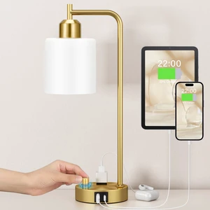 Gold Lamp for Bedroom - Industrial Bedside Table Lamp with USB Port and Outlet, Fully Dimmable Nightstand Lamp with Opal Glass Shade, Small Desk Lamps for Home Office Gold Lamp for Bedroom - Industrial Bedside Table Lamp with USB Port and Outlet, Fully Dimmable Nightstand Lamp with Opal Glass Shade, Small Desk Lamps for Home Office