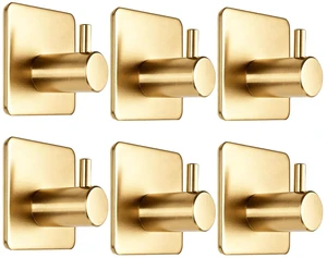 Gold Brushed 304 Stainless Steel Adhesive Wall Hooks, 15 lbs Heavy Duty No Drill Waterproof Rustproof Oil Resistant Anti-Slip Stick On Hooks-6 Pack Gold Brushed 304 Stainless Steel Adhesive Wall Hooks, 15 lbs Heavy Duty No Drill Waterproof Rustproof Oil Resistant Anti-Slip Stick On Hooks-6 Pack