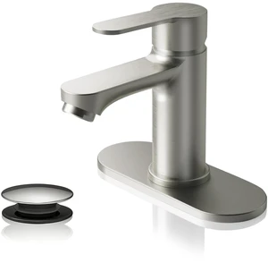 Nickel Bathroom Faucet, Lead-Free for 1 or 3 Hole 4" Vanity Sink NSF372 Compliant,Anti-peeling PVD Finish,Includes Pop-up Drain & Hoses,Single Handle Modern Design, Easy DIY Install Nickel Bathroom Faucet, Lead-Free for 1 or 3 Hole 4" Vanity Sink NSF372 Compliant,Anti-peeling PVD Finish,Includes Pop-up Drain & Hoses,Single Handle Modern Design, Easy DIY Install