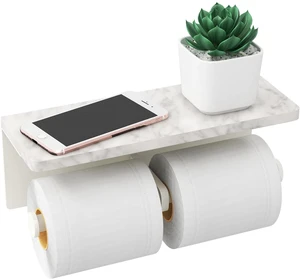 Double Toilet Paper Holder, Toilet Paper Wall Mount, White Marble Toilet Paper Holder with Shelf, Stainless Steel Roll Holder for Bathroom Washroom Double Toilet Paper Holder, Toilet Paper Wall Mount, White Marble Toilet Paper Holder with Shelf, Stainless Steel Roll Holder for Bathroom Washroom