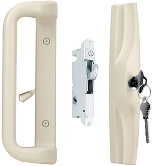 Beige Sliding Glass Door Handle Set with Lock and Key Fits 3-15/16 in screw holes; keyed mortise lock, reversible, for 1.25 to 2.25 in doors Beige Sliding Glass Door Handle Set with Lock and Key Fits 3-15/16 in screw holes; keyed mortise lock, reversible, for 1.25 to 2.25 in doors
