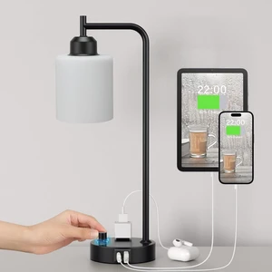 Industrial Bedroom Table Lamps for Bedside - White Opal Glass Shade Desk Lamps with USB C Port, Fully Dimmable Black Lamps with USB Port and Outlet, Reading Nightstand Lamp for Office Living Room Industrial Bedroom Table Lamps for Bedside - White Opal Glass Shade Desk Lamps with USB C Port, Fully Dimmable Black Lamps with USB Port and Outlet, Reading Nightstand Lamp for Office Living Room