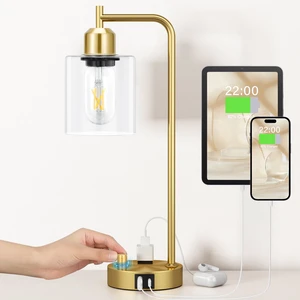 Gold Table Lamp for Bedroom - Industrial Bedside Lamp with USB Port and Outlet, Fully Dimmable Nightstand Lamp with Clear Glass Shade, Small Desk Lamps for Home Office Gold Table Lamp for Bedroom - Industrial Bedside Lamp with USB Port and Outlet, Fully Dimmable Nightstand Lamp with Clear Glass Shade, Small Desk Lamps for Home Office