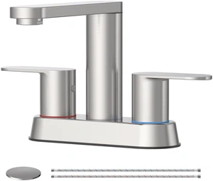 Brushed Nickel Bathroom Faucets 4 in Centerset Faucet for Bathroom Sink 2 or 3 Hole Basin 2-Handle 360° Swivel Spout Sink Faucet with Pop up Drain and Water Supply Hose for Farmhouse Vanity Brushed Nickel Bathroom Faucets 4 in Centerset Faucet for Bathroom Sink 2 or 3 Hole Basin 2-Handle 360° Swivel Spout Sink Faucet with Pop up Drain and Water Supply Hose for Farmhouse Vanity
