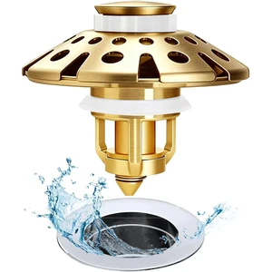 Bathroom Sink Drain Strainer, 3 in 1 Pop Up Bathroom Sink Stopper Universal Drian Plug with Hair Catcher Cover, for 1.06 in to 1.6 in Sink Drain, Brushed Gold Bathroom Sink Drain Strainer, 3 in 1 Pop Up Bathroom Sink Stopper Universal Drian Plug with Hair Catcher Cover, for 1.06 in to 1.6 in Sink Drain, Brushed Gold