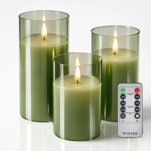 Glass Battery Operated LED Flameless Candles with Remote and Timer, Real Wax Candles Warm Color Flickering Light for Festival Wedding Home Party Decor(Pack of 3)-Green Glass Battery Operated LED Flameless Candles with Remote and Timer, Real Wax Candles Warm Color Flickering Light for Festival Wedding Home Party Decor(Pack of 3)-Green
