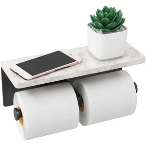 Toilet Paper Holder with Marble Shelf, Wall Mount, Double Black Stainless Steel Tissue Roll Paper Holder Dispenser for Bathroom Washroom Toilet Paper Holder with Marble Shelf, Wall Mount, Double Black Stainless Steel Tissue Roll Paper Holder Dispenser for Bathroom Washroom