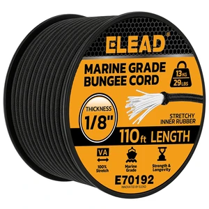 Heavy Duty Bungee Cord Roll, 1/8" x 110ft Marine Grade Outdoor Bungee Cords, Black Super Elastic Shock Cords, Long Cord for Cargo, Camping, Bike Racks, Tents Heavy Duty Bungee Cord Roll, 1/8" x 110ft Marine Grade Outdoor Bungee Cords, Black Super Elastic Shock Cords, Long Cord for Cargo, Camping, Bike Racks, Tents