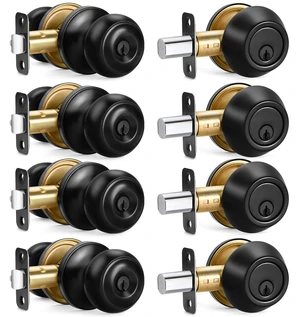 4 Sets Entry Door Knob and Single Cylinder Deadbolt Combo Set, Keyed Alike Round Ball Matte Black Interior/Exterior Door Knobs with Lock and Keys for Entrance, Front Door and Indoor Door 4 Sets Entry Door Knob and Single Cylinder Deadbolt Combo Set, Keyed Alike Round Ball Matte Black Interior/Exterior Door Knobs with Lock and Keys for Entrance, Front Door and Indoor Door