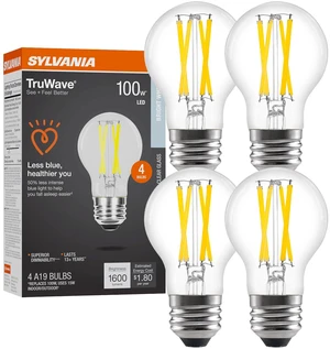 Sylvania LED TruWave Natural Series A19 Light Bulb, 100W Equivalent, Efficient 15W, 1600 Lumens, Medium Base, Dimmable, Clear, 3500K, Bright White - 4 Pack (42274) Sylvania LED TruWave Natural Series A19 Light Bulb, 100W Equivalent, Efficient 15W, 1600 Lumens, Medium Base, Dimmable, Clear, 3500K, Bright White - 4 Pack (42274)