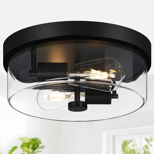 Flush Mount Ceiling Light Fixtures, 2-Light Black Ceiling Mount for Farmhouse with Clear Glass Lampshade, Industrial Flush Mount Light Fixture for Hallway, Kitchen, Entryway and Foyer Flush Mount Ceiling Light Fixtures, 2-Light Black Ceiling Mount for Farmhouse with Clear Glass Lampshade, Industrial Flush Mount Light Fixture for Hallway, Kitchen, Entryway and Foyer