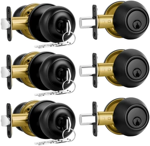 3 Pack Front Door Lock Set Matte Black,Exterior Door Lock Set with Deadbolt,Single Cylinder Deadbolt Lock and Door Knob Set,Keyed Alike Door Knobs with Lock&Keys,Round Ball Entry Door Lockset 3 Pack Front Door Lock Set Matte Black,Exterior Door Lock Set with Deadbolt,Single Cylinder Deadbolt Lock and Door Knob Set,Keyed Alike Door Knobs with Lock&Keys,Round Ball Entry Door Lockset