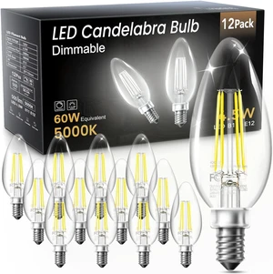 Candelabra LED Bulbs, E12 60W Equivalent Dimmable for Chandelier Light 5000K Daylight White, Small Base B11 Vintage Filament Clear Glass Candle Shape Light Bulb, 4.5W for Ceiling Fans, 12 Pack Candelabra LED Bulbs, E12 60W Equivalent Dimmable for Chandelier Light 5000K Daylight White, Small Base B11 Vintage Filament Clear Glass Candle Shape Light Bulb, 4.5W for Ceiling Fans, 12 Pack