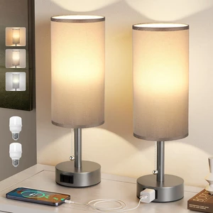Dark Grey Bedside Table Lamps Set of 2 - Bedroom Lamp for Desk, AC Outlet 3CCT(3000K/4000K/5000K), LED Bulbs Included, Dark Grey Fabric Lampshade, 14in Small Lamp for Nightstand, Guest Room, Dorm Dark Grey Bedside Table Lamps Set of 2 - Bedroom Lamp for Desk, AC Outlet 3CCT(3000K/4000K/5000K), LED Bulbs Included, Dark Grey Fabric Lampshade, 14in Small Lamp for Nightstand, Guest Room, Dorm