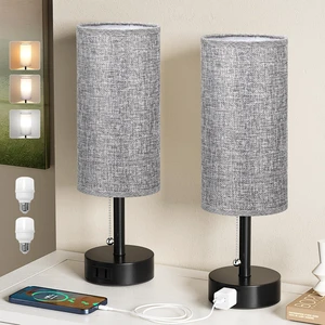 Grey Bedside Table Lamps Set of 2 - Bedroom Lamp for Desk, AC Outlet 3CCT(3000K/4000K/5000K), LED Bulbs Included, Grey Fabric Lampshade, 14in Small Lamp for Nightstand, Guest Room, Living Room Grey Bedside Table Lamps Set of 2 - Bedroom Lamp for Desk, AC Outlet 3CCT(3000K/4000K/5000K), LED Bulbs Included, Grey Fabric Lampshade, 14in Small Lamp for Nightstand, Guest Room, Living Room