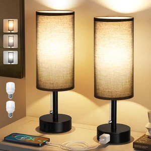 Black Bedside Table Lamps Set of 2 - Bedroom Lamp for Desk, AC Outlet 3CCT(3000K/4000K/5000K), LED Bulbs Included, Black Fabric Lampshade, 14in Small Lamp for Nightstand, Guest Room, Living Room Black Bedside Table Lamps Set of 2 - Bedroom Lamp for Desk, AC Outlet 3CCT(3000K/4000K/5000K), LED Bulbs Included, Black Fabric Lampshade, 14in Small Lamp for Nightstand, Guest Room, Living Room
