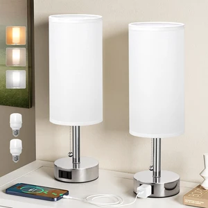 Silver Bedside Table Lamps Set of 2 - Bedroom Lamp for Desk, AC Outlet 3CCT(3000K/4000K/5000K), LED Bulbs Included, White Fabric Lampshade, 14in Small Lamp for Nightstand, Guest Room, Living Room Silver Bedside Table Lamps Set of 2 - Bedroom Lamp for Desk, AC Outlet 3CCT(3000K/4000K/5000K), LED Bulbs Included, White Fabric Lampshade, 14in Small Lamp for Nightstand, Guest Room, Living Room