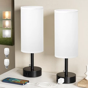 White Bedside Table Lamps Set of 2 - Bedroom Lamp for Desk, AC Outlet 3CCT(3000K/4000K/5000K), LED Bulbs Included, White Fabric Lampshade, 14in Small Lamp for Nightstand, Guest Room, Living Room White Bedside Table Lamps Set of 2 - Bedroom Lamp for Desk, AC Outlet 3CCT(3000K/4000K/5000K), LED Bulbs Included, White Fabric Lampshade, 14in Small Lamp for Nightstand, Guest Room, Living Room