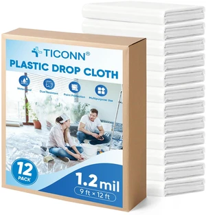 12 x 9 Ft Plastic Drop Cloth for Painting, Waterproof Painters Plastic Sheeting, Painting Tarp for Furniture Cover, Floor Protection (12PK, 1.2Mil) 12 x 9 Ft Plastic Drop Cloth for Painting, Waterproof Painters Plastic Sheeting, Painting Tarp for Furniture Cover, Floor Protection (12PK, 1.2Mil)