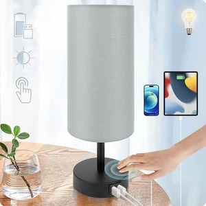 Bedside Lamp with USB Port - Touch Control Table Lamp for Bedroom 3 Way Dimmable Nightstand Lamp with Round Grey Fabric Shade for Living Room, Dorm, Home Office (LED Bulb Included) Bedside Lamp with USB Port - Touch Control Table Lamp for Bedroom 3 Way Dimmable Nightstand Lamp with Round Grey Fabric Shade for Living Room, Dorm, Home Office (LED Bulb Included)