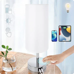 Bedside Lamp with USB Port - Touch Control Table Lamp for Bedroom 3 Way Dimmable Nightstand Lamp with Round White Fabric Shade for Living Room, Dorm, Home Office (LED Bulb Included) Bedside Lamp with USB Port - Touch Control Table Lamp for Bedroom 3 Way Dimmable Nightstand Lamp with Round White Fabric Shade for Living Room, Dorm, Home Office (LED Bulb Included)
