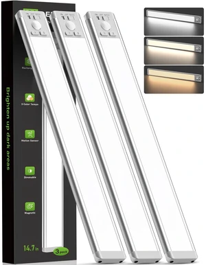 14.7inch Under Cabinet Lighting, Wireless Motion Sensor Light,3 Pack 3 Color Temps, Rechargeable, 2200mAh, Dimmable, Magnetic, LED Closet Light, Under Counter Lights for Kitchen, Stairs, Hallway 14.7inch Under Cabinet Lighting, Wireless Motion Sensor Light,3 Pack 3 Color Temps, Rechargeable, 2200mAh, Dimmable, Magnetic, LED Closet Light, Under Counter Lights for Kitchen, Stairs, Hallway