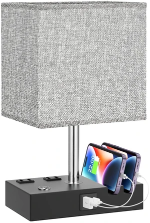 Touch Bedside Table Lamp for Bedroom, 3-Way Dimmable, USB C+A, 2 AC Outlets Base Touch Button Only, USB C+A Ports, 2 Phone Stands, LED Bulbs Included, Rectangle Grey Lampshade, for Living Room, Desk Touch Bedside Table Lamp for Bedroom, 3-Way Dimmable, USB C+A, 2 AC Outlets Base Touch Button Only, USB C+A Ports, 2 Phone Stands, LED Bulbs Included, Rectangle Grey Lampshade, for Living Room, Desk