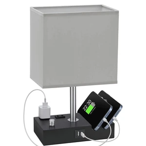 Grey Table Lamp for Bedroom - Stepless Dimmable, USB C+A, 2 AC Outlets Dimming By Rotary Knob, USB C+A Ports, 2 Phone Stands, LED Bulbs Included, Rectangle Misty Grey Lampshade, for Living Room Grey Table Lamp for Bedroom - Stepless Dimmable, USB C+A, 2 AC Outlets Dimming By Rotary Knob, USB C+A Ports, 2 Phone Stands, LED Bulbs Included, Rectangle Misty Grey Lampshade, for Living Room