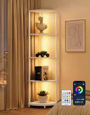 Corner Shelf with LED Light, 5 Tier Smart Color Changing Floor Lamp with Remote, 62" Display Shelf Bookshelf Narrow Storage Rack Standing Lamp for Living Room Bedroom Home Office Decor, White Corner Shelf with LED Light, 5 Tier Smart Color Changing Floor Lamp with Remote, 62" Display Shelf Bookshelf Narrow Storage Rack Standing Lamp for Living Room Bedroom Home Office Decor, White