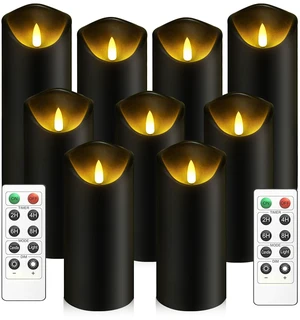 Flickering Flameless Candles, Battery Operated Plastic LED Pillar Candles with Remote Control and Timer, Set of 9 (Black) Flickering Flameless Candles, Battery Operated Plastic LED Pillar Candles with Remote Control and Timer, Set of 9 (Black)