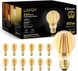 12 Pack A19 Amber Edison Bulbs, Dimmable E26 LED 60 Watt Equivalent 2200K soft warm vintage light for whole-house fixtures. Antique old-fashioned style without harsh blinding glare 12 Pack A19 Amber Edison Bulbs, Dimmable E26 LED 60 Watt Equivalent 2200K soft warm vintage light for whole-house fixtures. Antique old-fashioned style without harsh blinding glare