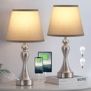 Touch Lamps for Nightstand, 3 Way Dimmable Bedside Lamps with USB C+A Ports Touch Control, LED Bulb Included, Small Silver Table Lamp for Bedroom, Night Stands, End Table, GiftCordedGrey Shade Touch Lamps for Nightstand, 3 Way Dimmable Bedside Lamps with USB C+A Ports Touch Control, LED Bulb Included, Small Silver Table Lamp for Bedroom, Night Stands, End Table, GiftCordedGrey Shade