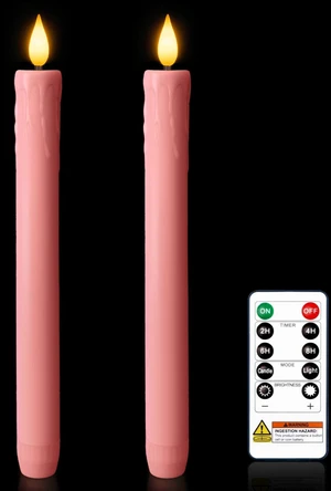 9.6 Inches Real Wax Pink Flameless Taper Candles with Remote Timer, 2 Pcs LED Fake Candlesticks, Battery Candle with 3D Flickering Flame for Wedding, Dinner, Xmas Anniversary Decor 9.6 Inches Real Wax Pink Flameless Taper Candles with Remote Timer, 2 Pcs LED Fake Candlesticks, Battery Candle with 3D Flickering Flame for Wedding, Dinner, Xmas Anniversary Decor