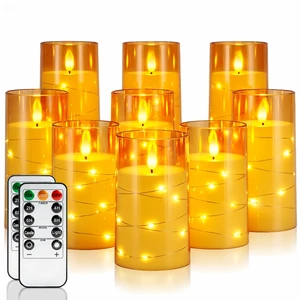 Flickering Flameless Candles, Gold LED Pillar Candles with Remote 9 Pack Timer Candles Battery Operated with Embedded Star String Lights for Halloween, Christmas & Indoor Holiday Home Decor Flickering Flameless Candles, Gold LED Pillar Candles with Remote 9 Pack Timer Candles Battery Operated with Embedded Star String Lights for Halloween, Christmas & Indoor Holiday Home Decor