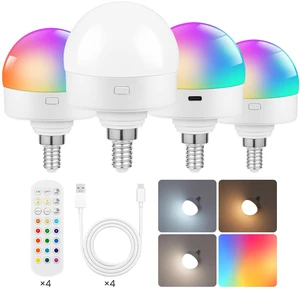 Rechargeable Light Bulbs with Remote Control, 4 Packs E12 Battery Operated Light Bulbs, 3 Timer 15 Colors Selectable, Dimmable Wireless RGB LED Bulb, Non-Hardwired, R08YBP405 Rechargeable Light Bulbs with Remote Control, 4 Packs E12 Battery Operated Light Bulbs, 3 Timer 15 Colors Selectable, Dimmable Wireless RGB LED Bulb, Non-Hardwired, R08YBP405