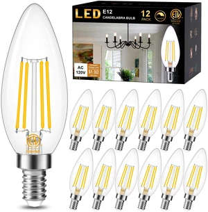12 Pack Dimmable E12 LED Candelabra Bulb 3000K Soft White 60W 600LM CRI 85+ AC 120V Type B Bulb for Chandeliers, Ceiling Fans, Clear Glass Candle Shape, Vintage Filament 12 Pack Dimmable E12 LED Candelabra Bulb 3000K Soft White 60W 600LM CRI 85+ AC 120V Type B Bulb for Chandeliers, Ceiling Fans, Clear Glass Candle Shape, Vintage Filament