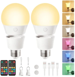 2 Pack E26 Rechargeable Light Bulbs with Remote & Timer 12 Colors & Dimmable Brightness, 2000mAh 60W Equivalent for Lamps, Wall Sconces, Outdoor Camping 2 Pack E26 Rechargeable Light Bulbs with Remote & Timer 12 Colors & Dimmable Brightness, 2000mAh 60W Equivalent for Lamps, Wall Sconces, Outdoor Camping