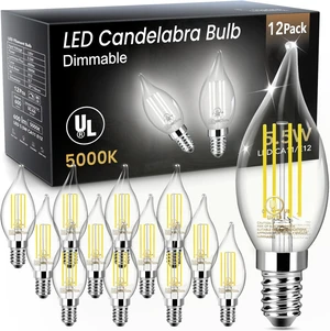 LED Candelabra Light Bulb, Chandelier E12 Light Bulb, 60W Equivalent Candle Flame Tip 2700K, 5.5W 600LM, Dimmable, E12 Base, CA11, 80+ CRI, Clear Filament Bulb for Chandelier, Lamp, Candle light LED Candelabra Light Bulb, Chandelier E12 Light Bulb, 60W Equivalent Candle Flame Tip 2700K, 5.5W 600LM, Dimmable, E12 Base, CA11, 80+ CRI, Clear Filament Bulb for Chandelier, Lamp, Candle light