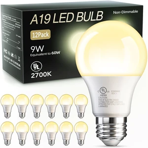 12 Pack A19 LED Light Bulbs 60 Watt Equivalent, Soft Warm White 2700K 9W Non-Dimmable E26 Base Energy Saving Warm Light Bulb for Home Bedroom, 800LM,120V, 80 CRI, UL Liste 12 Pack A19 LED Light Bulbs 60 Watt Equivalent, Soft Warm White 2700K 9W Non-Dimmable E26 Base Energy Saving Warm Light Bulb for Home Bedroom, 800LM,120V, 80 CRI, UL Liste