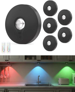 RGB Rechargeable Puck Lights with Remote Control, 1500mAh Battery Operated Tap Lights, Dimmer & Timer Under Cabinet, Wireless LED Stick-On for Closet, Bedroom, Kitchen - Black 6Pcs RGB Rechargeable Puck Lights with Remote Control, 1500mAh Battery Operated Tap Lights, Dimmer & Timer Under Cabinet, Wireless LED Stick-On for Closet, Bedroom, Kitchen - Black 6Pcs